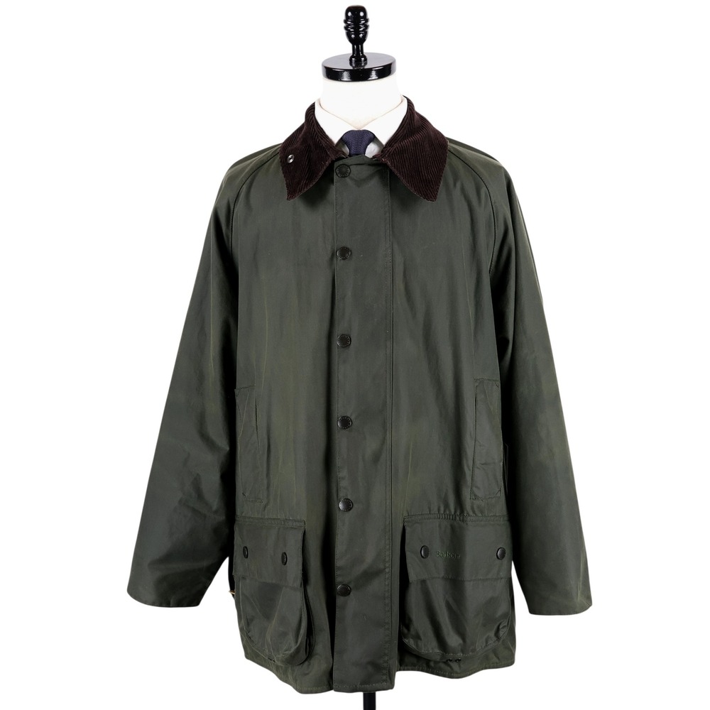 Barbour Beaufort Waxed Jacket Mens Size 48 Green Corduroy Collar Utility England - Picture 2 of 16